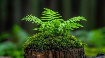 Lush Green Ferns Growing on Mossy Tree Stump in ForestNature photo
