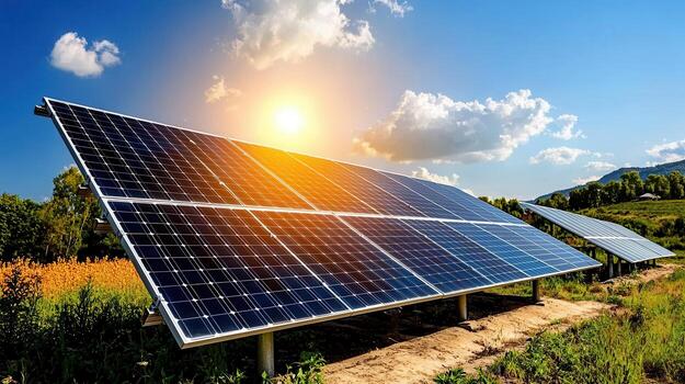 Clean Energy Solar Panels Generating Power Under Sunny Skies Alternative Energy Source in a Beautiful Landscape photo