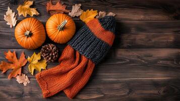 Cozy Autumn Still Life Pumpkins Knit Hat and Scarf on Rustic Wooden Background with Fall Leaves photo