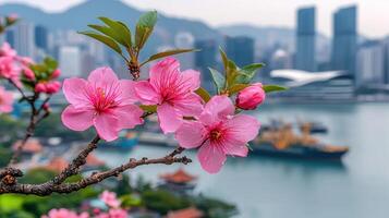 Delicate Pink Flowers Blossom Against Modern City Skyline Panoramic View Beautiful Springtime Nature Scene photo
