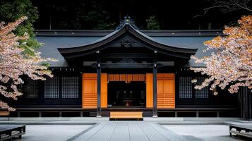 Serene Japanese Temple with Cherry Blossoms Tranquil Asian Architecture and Spring Scenery photo