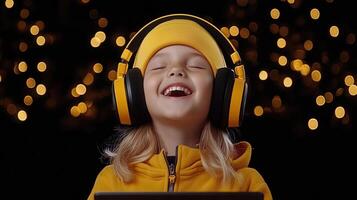 Happy Child Listening to Music with Yellow Headphones and Hat in Festive Bokeh Background photo