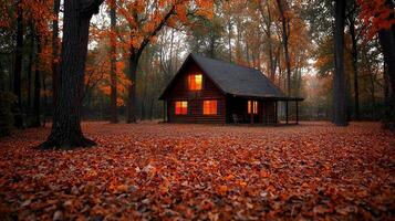 Cozy Autumn Cabin in Woods Illuminated at Night Fallen Leaves Surround it photo