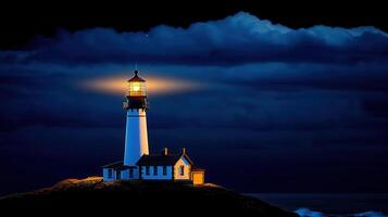 Majestic Lighthouse Shining Brightly at Night Dramatic Ocean Storm Clouds Seascape photo