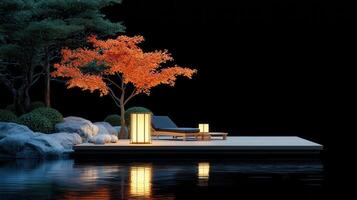 Serene Japanese Zen Garden at Night Tranquil Water Reflection of Illuminated Deck and Maple Tree photo