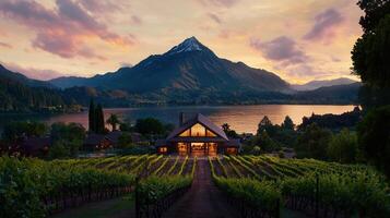 Stunning vineyard house at sunset overlooking lake and mountain Peaceful landscape photo