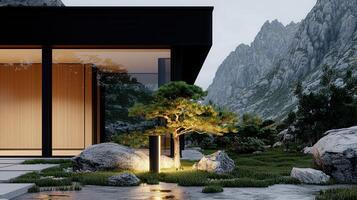 Modern Minimalist House Design with Mountain View and Japanese Garden at Dusk photo