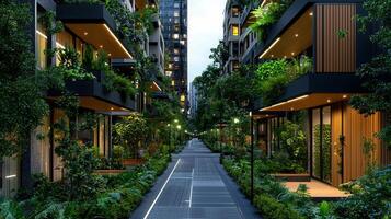 Lush Greenery Envelops Modern Apartments Tranquil Urban Oasis Pathway photo