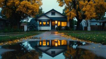 Cozy Suburban House Reflection in Autumn Puddle Warm Evening Lights photo
