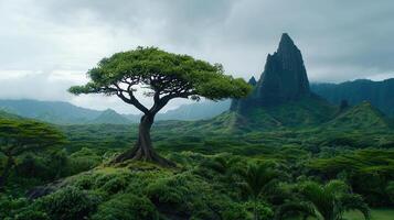 Majestic Tree Stands Tall Against Lush Green Mountain Range Under Cloudy Sky Scenic Landscape photo