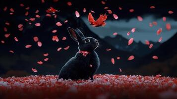 Black Rabbit in a Field of Falling Cherry Blossoms Watching a Butterfly photo