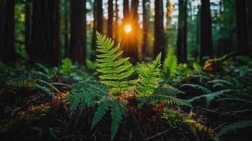 Lush Green Ferns Illuminated by Sunset in a Majestic Forest Nature photo
