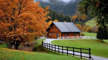 Picturesque Autumn Barn in Mountain Valley Scenic Rural Landscape with Colorful Trees photo