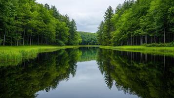 Serene lake reflecting lush green forest trees and tranquil water nature landscape photo