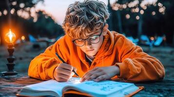 Boy in Orange Hoodie Writes in Notebook Outdoors at Night Lit by Lamp photo