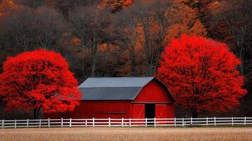 Red Barn Autumn Scene Vibrant Red Maple Trees Frame a Classic Red Barn in a Picturesque Autumn Landscape photo