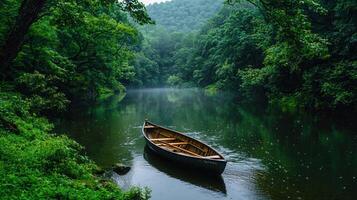 Serene Rowboat on a Tranquil River Surrounded by Lush Green Forest in the Rain photo