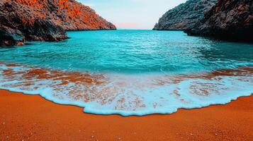 Turquoise Ocean Waves Crashing on a Red Sand Beach Between Rocky Cliffs A Scenic Coastal Paradise photo