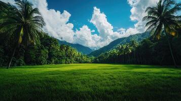 Lush Green Tropical Valley Landscape with Palm Trees under a Blue Sky and Fluffy Clouds A Peaceful Nature Scene photo