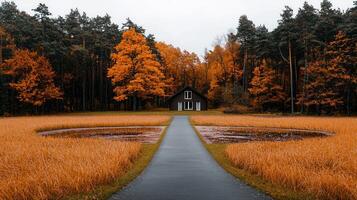 Autumnal House in Forest Path Scenic Landscape with Pond and Golden Grass photo