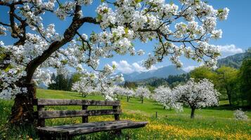 Serene Springtime Scene Wooden Bench Under Blossoming Cherry Trees in a Mountain Meadow photo