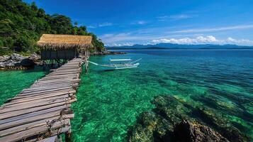 Tropical Island Paradise Wooden Pier leads to Hut near Crystal Clear Turquoise Water and Boat photo