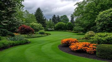 Lush Green Landscape Design Featuring Well Maintained Lawn and Vibrant Flowers photo