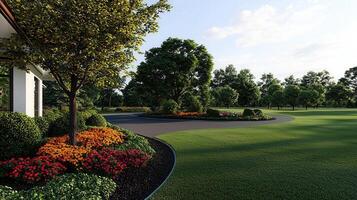 Lush Landscaping Design showcasing a modern home s driveway with vibrant flowers and green grass lawn under a sunny sky photo