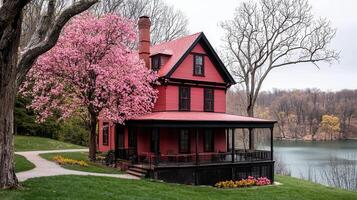 Charming Red Victorian House with Blooming Pink Tree near Lake Waterfront Spring Season photo
