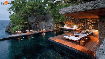 Luxurious Infinity Pool Villa Oceanside Resort with Wooden Deck and Lounge Chairs photo
