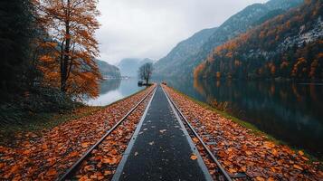 Scenic Autumnal Lake View with Railway Path Covered in Fallen Leaves Tranquil Fall Landscape photo