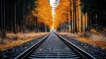 Autumnal Railroad Tracks Through Golden Forest Scenic Fall Nature Railway Landscape photo