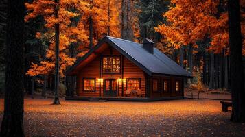 Cozy Autumn Log Cabin in a Forest of Vibrant Fall Foliage Illuminated at Night photo