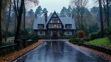 Majestic Stone House Autumnal Driveway Landscape Tranquil Fall Scene photo