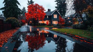Autumnal Residential Street Scene with Red Maple Tree Reflecting in Puddles after Rain photo