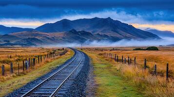 Scenic Railroad Tracks Winding Through a Picturesque Mountain Valley Landscape at Dawn photo