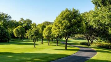 Serene Park Landscape Winding Path Through Lush Green Trees and Grassy Meadows on a Sunny Day photo