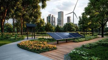 Urban Park with Solar Panels and Wind Turbine Sustainable Cityscape Green Energy Renewable Resources photo