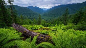 Lush Green Ferns and Fallen Log Overlooking a Majestic Mountain Valley A breathtaking view of a vibrant forest landscape photo