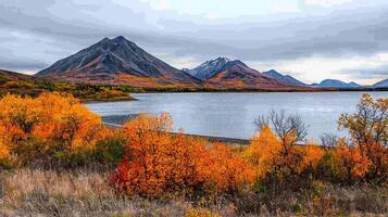 Stunning Autumn Landscape Vibrant Fall Foliage by Mountain Lake in Alaska photo