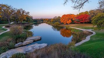 Serene Autumn Lake Landscape with Colorful Trees and Stone Pathway Scenic Fall Nature Scene photo