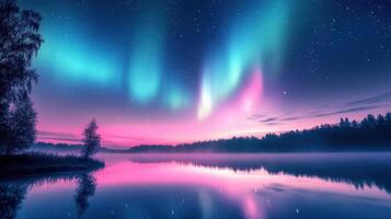 A serene landscape showcasing the Northern Lights reflecting on a calm lake at twilight photo
