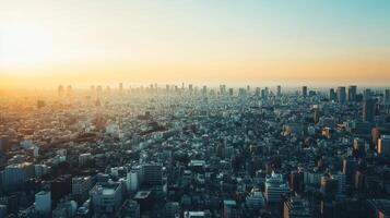 A panoramic cityscape at sunset, showcasing urban buildings and a vast skyline photo