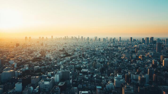 A panoramic cityscape at sunset, showcasing urban buildings and a vast skyline