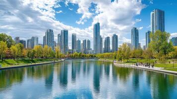 A serene urban park scene with skyscrapers reflecting in a calm lake under a blue sky photo