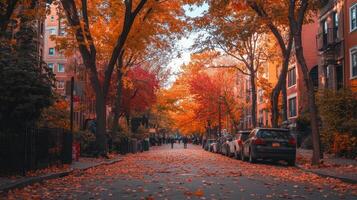 A serene autumn street lined with colorful trees and fallen leaves photo
