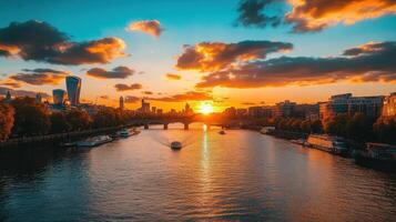 A scenic sunset over a river with city skyline and boats photo