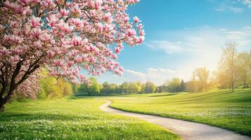 A serene landscape featuring a blooming magnolia tree and a winding path through a green field photo