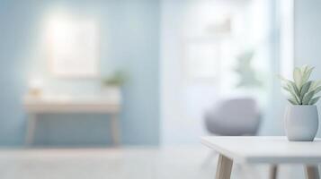 A serene interior space featuring a plant on a table with a soft-focus background photo
