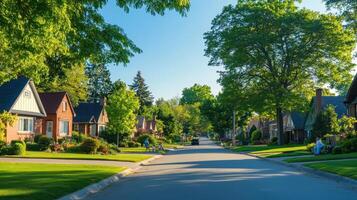 A peaceful suburban street lined with trees and houses, showcasing a sunny day photo